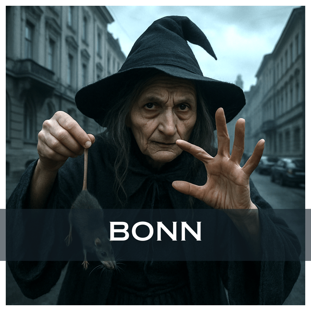 Unheimliche Szene: Eine düster gekleidete Hexe mit spitzem Hut streckt die Hand aus und hält eine Ratte; im Hintergrund eine neblige Straße, darüber der Schriftzug „BONN“ – Motiv zur „Zurück ins Mittelalter“ Grusel-Rätseltour per WhatsApp.