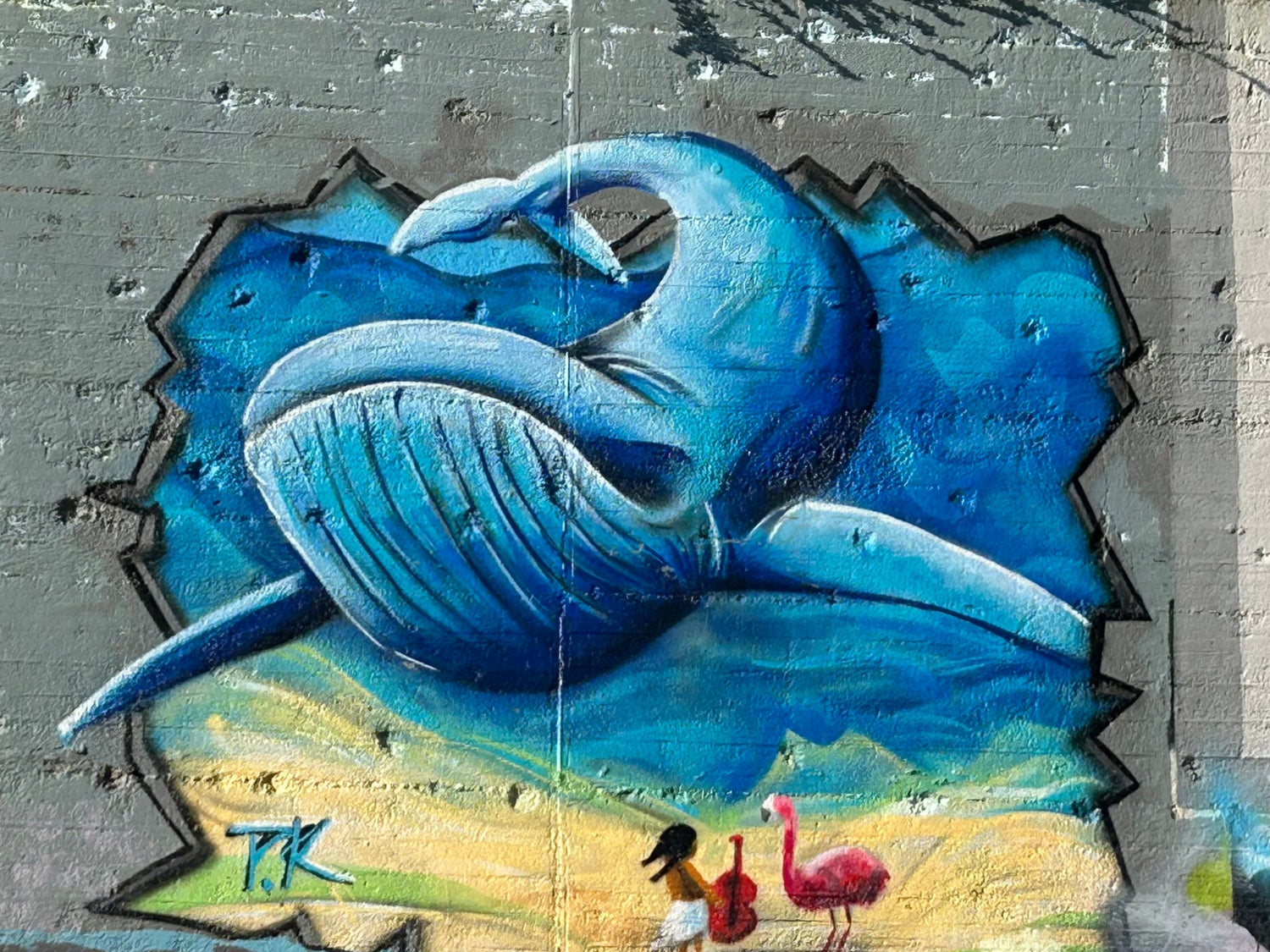 Streetart-Gemälde auf grauer Wand mit einem großen blauen Wal, einem pinken Flamingo und einem kleinen Kind mit Geige – detailreiche urbane Kunst in Bonn.