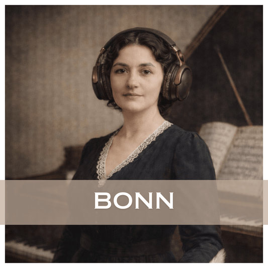 Farbiges Vintage-Porträt im Leica-Stil: Johanna Kinkel als junge Konzertpianistin und Dichterin mit Kopfhörern vor dem Klavier.